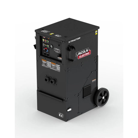 The Lincoln X-Tractor 2 Fume Gun 208-230/3/60 with MERV 16 Nano Filter K5271-2 is a black, mobile industrial welding fume extractor with control panel and hose ports, shown against a plain white background.