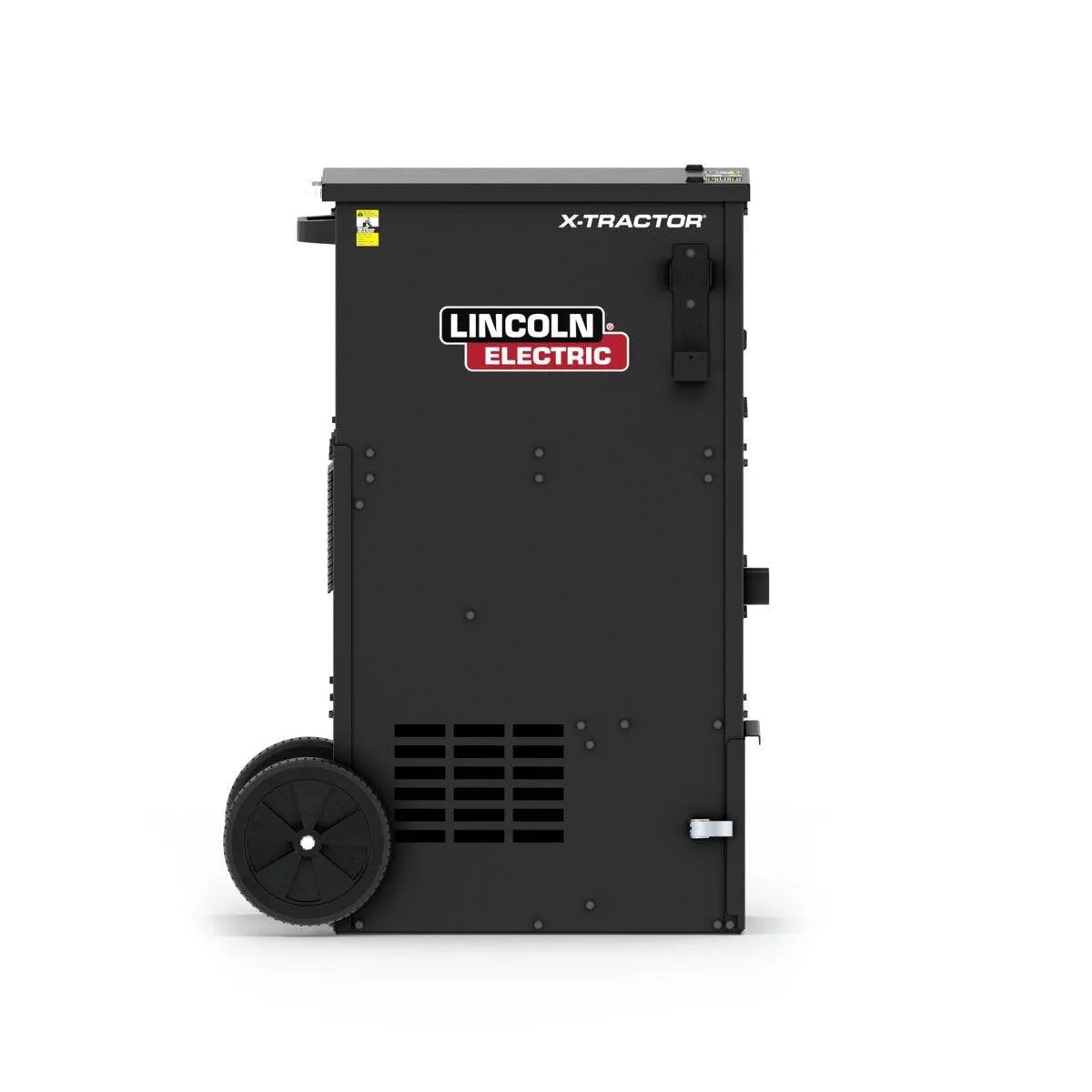 A black, upright Lincoln X-Tractor 2 Fume Gun 208-230/3/60 with MERV 16 Nano Filter (K5271-2), an industrial welding fume extractor with wheels, vent grilles, and side handle, shown on a plain white background.