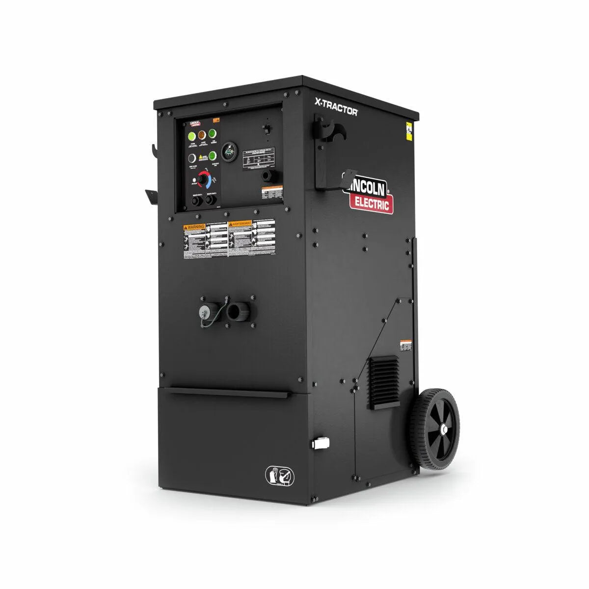 The Lincoln X-Tractor 2 Fume Gun 208-230/3/60 with MERV 16 Nano Filter K5271-2 is a black, wheeled industrial welding fume extractor featuring control buttons, switches, indicator lights, vent, and safety labels.