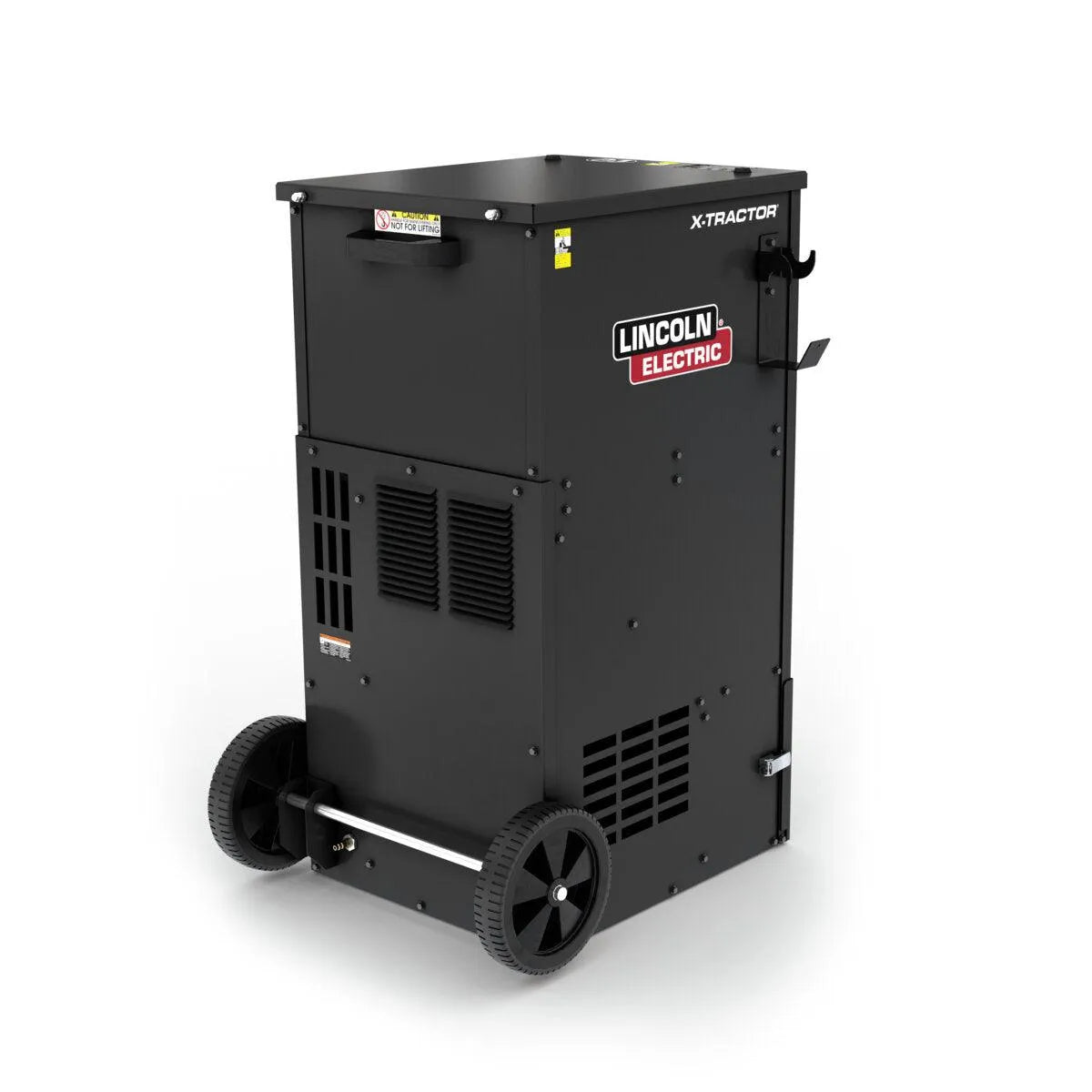 The Lincoln X-Tractor 2 Fume Gun 208-230/3/60 with MERV 16 Nano Filter (K5271-2) is a black, box-shaped industrial fume extractor with vents, handles, wheels, and a red and white logo, designed for welding fume extraction.