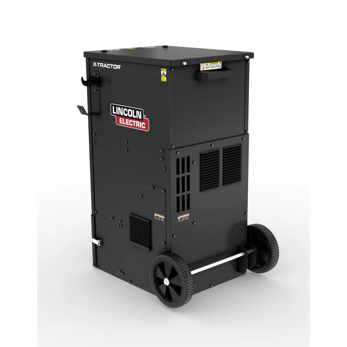 A large, black industrial machine with wheels and a handle for mobility, the Lincoln X-Tractor 2 Fume Gun 208-230/3/60 with MERV 16 Nano Filter K5271-2 extracts welding fumes efficiently and features the Lincoln Electric logo on its front.