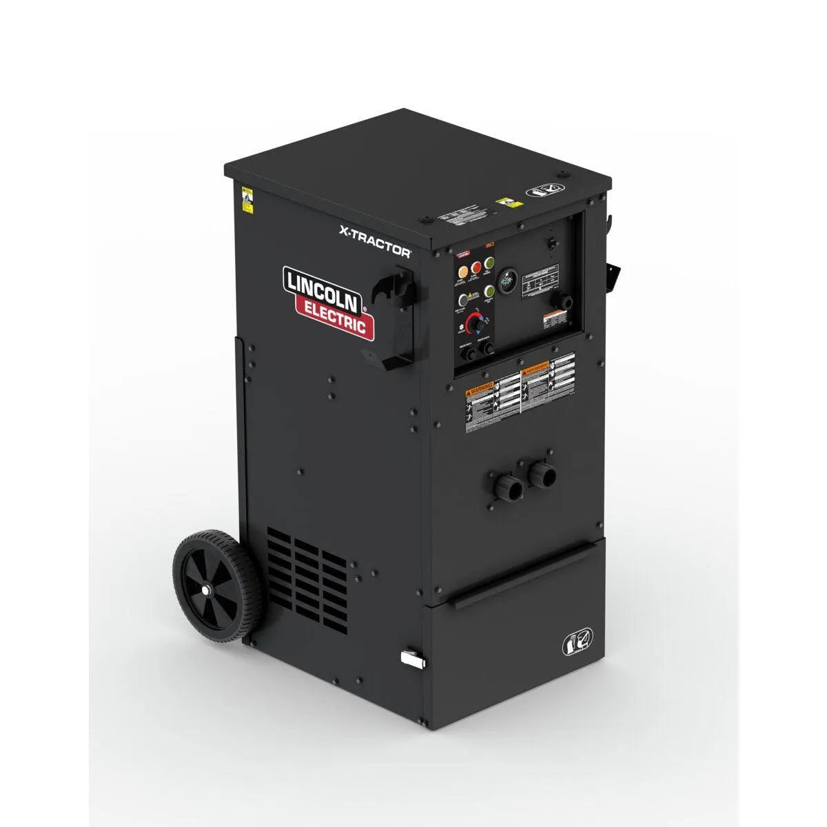 The Lincoln X-Tractor 2 Fume Gun 208-230/3/60 with MERV 16 Nano Filter K5271-2 is a black industrial fume extractor for welding, featuring front controls and sturdy mobility with two large wheels on the left side.