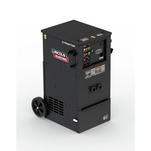 The Lincoln X-Tractor 2 Fume Gun 208-230/3/60 with MERV 16 Nano Filter K5271-2 is a black industrial fume extractor for welding, featuring front controls and sturdy mobility with two large wheels on the left side.