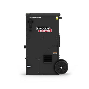 The Lincoln X-Tractor 2 Fume Gun 575/3/60 with MERV 16 Nano Filter K5271-3 is a black, upright, rectangular industrial machine on large wheels, featuring the “Lincoln Electric” and “X-Tractor” logos, with vents, handles, and metal panels.
