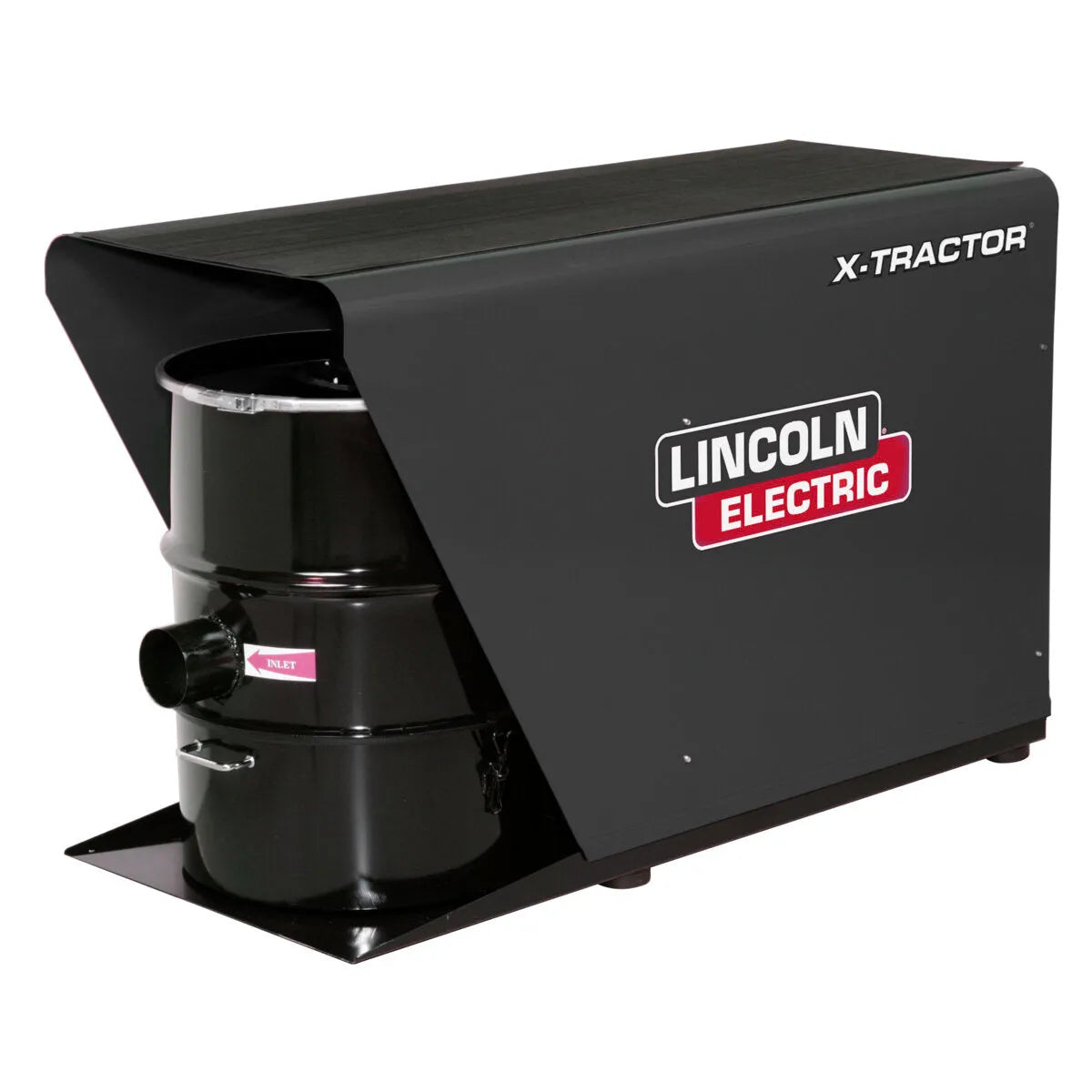 The Lincoln X-Tractor 4 Fume Gun 230/3/60 K3966-1 is a large black industrial machine with side vents and a partial cylindrical drum, designed for welding fume extraction or air filtration in workshops.