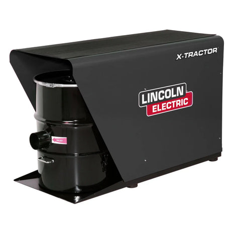 The Lincoln X-Tractor 4 Fume Gun 460/3/60 - K3966-2 is a large, black industrial fume extractor with a cylindrical chamber, rectangular housing, intake and exhaust ports, and is built for welding applications.