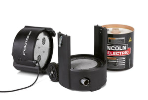 Three components of the Lincoln X-Tractor MINI Portable Welding Fume Extractor 230/1/50 K2497-18 are shown: a black Xtractor Mini part, an open center mesh filter housing, and a large cylindrical Lincoln Electric filter cartridge.