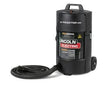 The Lincoln X-Tractor MINI Portable Welding Fume Extractor 230/1/50 K2497-18 is a black, cylindrical unit on wheels with a handle and attached flexible hose, featuring warning labels and the Lincoln brand logo.