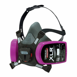 Lincoln XLR P100 Half Mask Welding Respirator Large K4683-L with P100 filters, black straps, gray facepiece for welders’ safety.