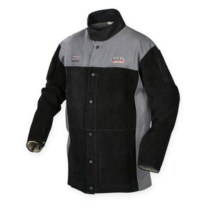 The Lincoln K4933-4XL XVI Series Heavy Duty Split Leather FR Welding Jacket 4XL features black suede leather sleeves and front, gray fabric panels, snap buttons, high collar, and embroidered Lincoln Electric and K3111 logos on the chest.
