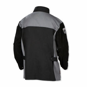 The Lincoln K4933-L XVI Series Heavy Duty Split Leather FR Welding Jacket (Large) is shown from the back, featuring a black central panel, light gray accents on shoulders, sides, and lower sleeves, adjustable side straps, and a left sleeve patch.