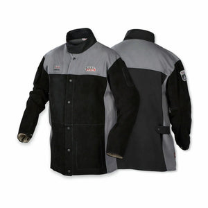 Two views of the Lincoln K4933-XL XVI Series Heavy Duty Split Leather FR Welding Jacket in XL show black and gray reinforced fabric, snap buttons, a collar, chest patches on the front, and a belted waist with sleeve patch on the back.