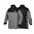 Front and back views of the Lincoln K4931-L XVI Series Industrial FR Welding Jacket, Large, in gray and black. Features snap buttons, long sleeves, black shoulders, adjustable cuffs, stand-up collar, and Lincoln Electric logo patches.