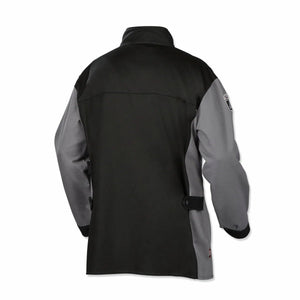 The Lincoln K4931-L XVI Series Industrial FR Welding Jacket in large features a black back and collar, contrasting gray sleeves and side panels, adjustable waist straps, and a small round patch on the left sleeve.