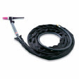 The image shows a coiled Lincoln Zippered Cable Cover 22 ft (6.7 m) K918-2 in black. One end features a gray handle with pink ceramic nozzle and trigger; the other end is fitted with a brass connector for easy attachment.