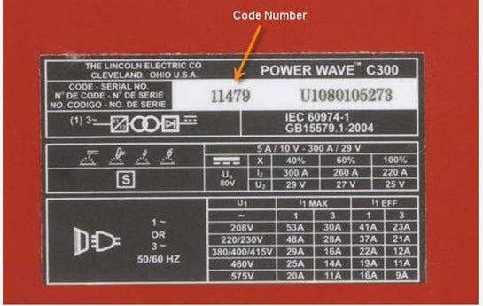 Lincoln welder nameplate showing where to find the 4-5 digit Code Number