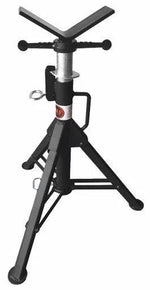 The Mathey Dearman B&B Jacks Low Profile Roller Head w/Steel Wheels 22-39 (4005) is a black metal tripod stand with V-shaped roller head, adjustable height via central post, locking pin, and handles—ideal for pipe welding and stable maintenance work.