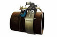 Mathey 30" Monarch Stainless Band Crawler 05.0204.030 for welding, clamped on a rusted pipe, ready for automated cutting.