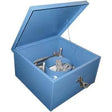 Mathey 6SA Saddle Machine Storage Box for welding tools, open with lock, key, and metal parts inside. Blue heavy-duty lid shown.