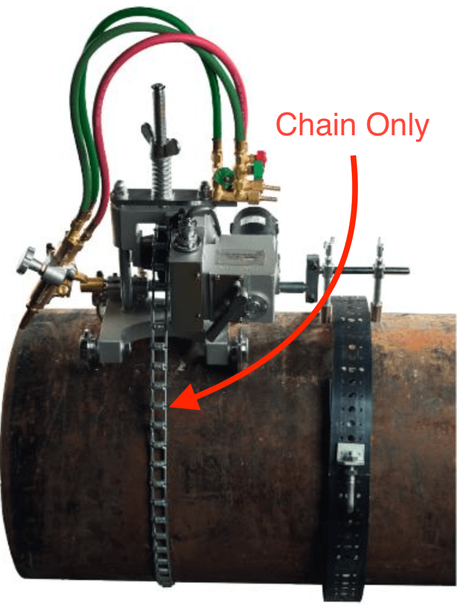 Mathey E-Z Pipecut 18" Flame Cutter Chain Only (EZPCC18) on rusted pipe with welding hoses and marked "Chain Only" chain.