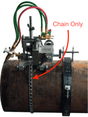 Mathey E-Z Pipecut chain (EZPCCH) flame cutter on pipe with red "Chain Only" arrow; welding hoses attached. WeldingMart tool.