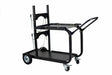 The Metal Man Universal Welding Cart With Fold Down Handle (UWC4) features two shelves, a foldable handle, two large fixed rear wheels, two front casters, and side chains for securing items. Shown against a white background.