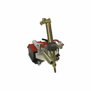 A portable gas cutting machine with a mounted torch, metal body, and adjustment knobs, used for precise cutting of metal materials. The machine is mainly brass and steel with some red and black parts.
