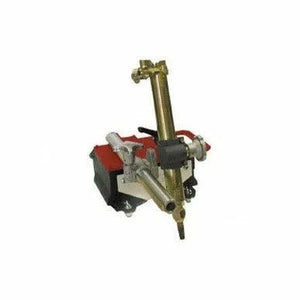 A portable gas cutting machine with a brass torch and red and black body, used for automated metal cutting tasks.