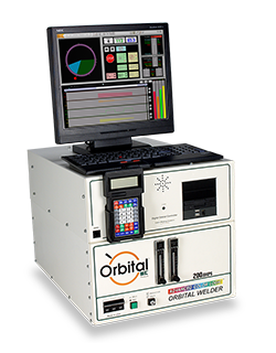 Advanced orbital welding power supply with Advanced Color Logic technology, real-time monitoring, and versatile power options for high-integrity tube welds in manufacturing environments.

