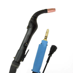 MK Cobra MX-HD Miller Compatible Push-Pull Gun 25ft 200A 10-Pin with black handle, copper nozzle, and blue cable for welding.