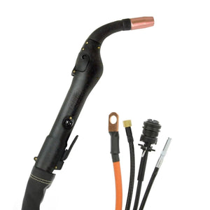 MK Products Cobra MX-HD Push-Pull Gun 25ft 200A with 7-pin connector and four MK welding cables with assorted connectors displayed.