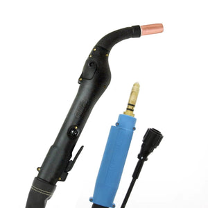 MK Cobra MX Miller-Compatible Push-Pull Welding Gun 35ft Water-Cooled 225A 10-Pin, black handle, copper nozzle, blue cable.