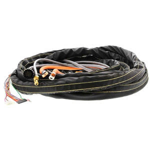 MK Products CobraMig 300 Wire Feeder Extension Cable 50FT for welding, coiled black harness with yellow stitching, connectors shown.