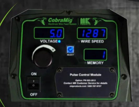 A close-up of the MK Products CobraMig Feeder Only - 187-101 shows its pulse control module with voltage at 5.0, wire speed at 1287, memory setting 1, an on/off switch, and various controls on the black and green panel.