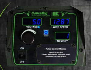 A close-up of the MK Products CobraMig Feeder Only - 187-101 shows its pulse control module with voltage at 5.0, wire speed at 1287, memory setting 1, an on/off switch, and various controls on the black and green panel.