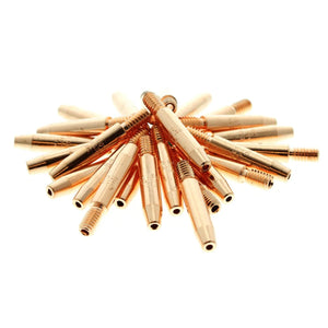 A set of MK Products CONTACT TIP 1/4 X .041ID SPRAY ARC - 25PC PKG (621-0076-25) is arranged in a loose, circular pattern on a white background, perfect for spray arc welding applications.