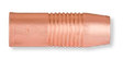 Copper-colored cylindrical welding contact tip with a threaded middle section and a smooth, slightly tapered end, designed to work efficiently with shielding gas delivery in conjunction with a welding nozzle.