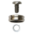 A close-up shows three metal parts from the MK Products Idler Roll Kit - 005-0686 stacked vertically: a slotted screw on top, a cylindrical threaded insert in the middle, and a split lock washer at the bottom, all on a white background.
