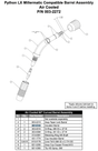 Exploded diagram of the MK Products Insulator Barrel CRV A/W 60D (261-0143), air cooled and Millermatic compatible, showing labeled components, including welding torch insulator parts, with a table listing part numbers and descriptions below.