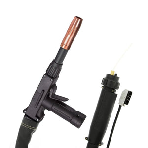 MK Products Prince XL Fronius Push-Pull Welding Gun 25FT Air-Cooled 225A with wire feeder, cable & connector on white background.