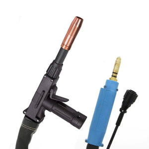 MK Prince XL Miller Push-Pull Gun 15ft, 10-pin air-cooled welding gun with copper nozzle, blue handle, and black cable.