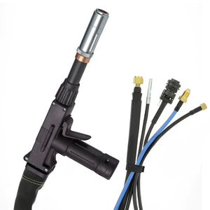 MK Products Prince XL 35FT Water-Cooled 400A Push-Pull Welding Gun with 7-Pin, black handle, cables, connectors, white background.