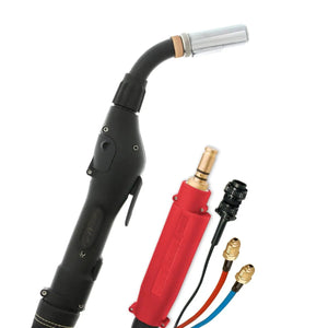 A welding torch and a red welding cable adapter are shown. The torch resembles a Lincoln Python push-pull gun with a black handle and curved neck, ideal for aluminum welding. The water-cooled adapter has connectors and cables in black, red, and blue.