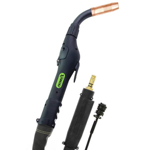 MK Python X 14 Pin Air Cooled Digital Push Pull Welding Gun, 35 ft, 225A—black handle, green label, copper nozzle, accessories.