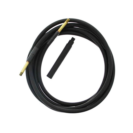 MK Products Water Cooled Power Cable 35FT - 005-0388-35: black coiled welding cable with brass connector and separate black plastic component, shown on white background—ideal for industrial welding applications.