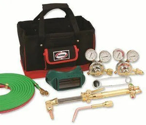 MODEL 8525-300 STANDARD KIT - 4403227 welding tools: tool bag, hose, safety goggles, regulators, torch handles on white background.