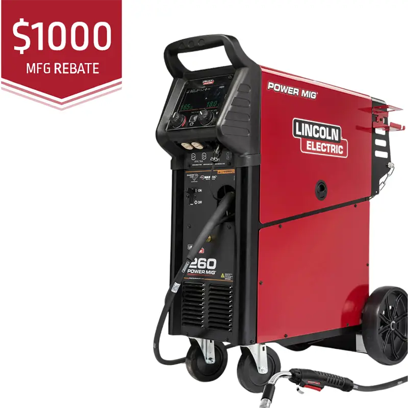 Lincoln Electric Power MIG 260 Welder K3520-1, red/black, with cables, wheels, control panel. $1000 rebate. MIG/Flux-Cored tool.