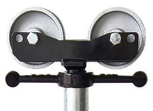 Close-up of the Mathey Dearman Roller Head w/ Steel Wheels 32-48 (model 3905), featuring two side-by-side steel wheels on a black bracket with a central metallic shaft and horizontal black handles, against a plain white background.