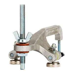 A silver ground clamp with a threaded rod, wing nut, and two flat base supports, typically used for securing electrical grounding wires.