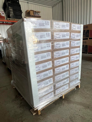 Lincoln ED030614 SureArc S6 MIG wire 81-box pallet, boxed and shrink-wrapped, in warehouse with steel shelves—welding supply.